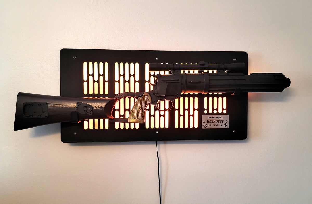 Boba Fett EE-3 blaster wallmount Display stand with LED lights and ide ...